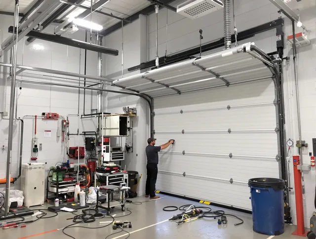 Whitman Garage Door Repair certified technician performing commercial door repair at a Whitman business facility