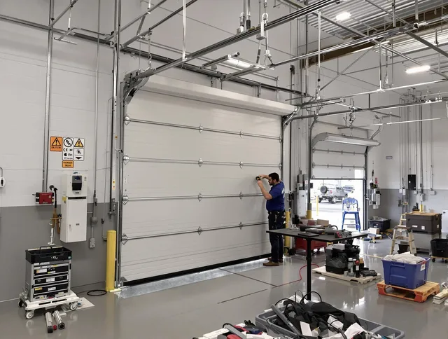 Commercial garage door repair being performed by Whitman Garage Door Repair expert in Whitman