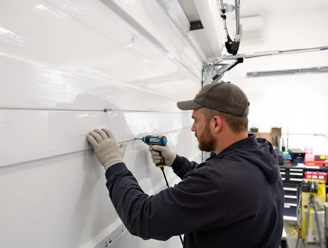 Whitman Garage Door Repair technician demonstrating precision dent removal techniques on a Whitman garage door