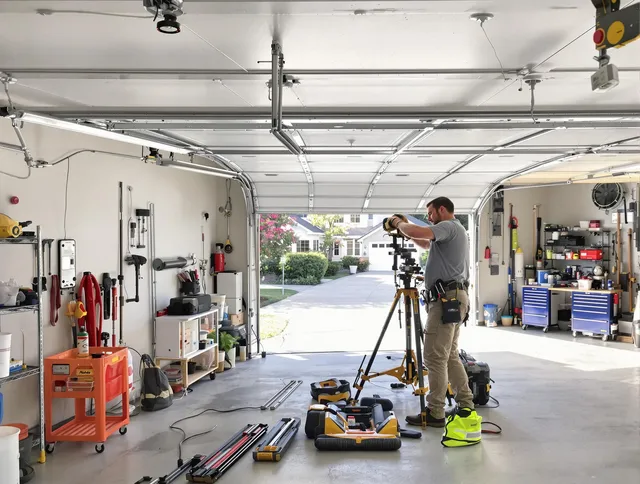 Whitman Garage Door Repair specialist performing laser-guided track alignment in Whitman